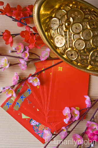 Red Packets (commonly known as 'Ang Pao' in the Hokkien dialect)  with spring flowers and gold ingots (commonly known as 'Yuen Bao' in  Chinese).